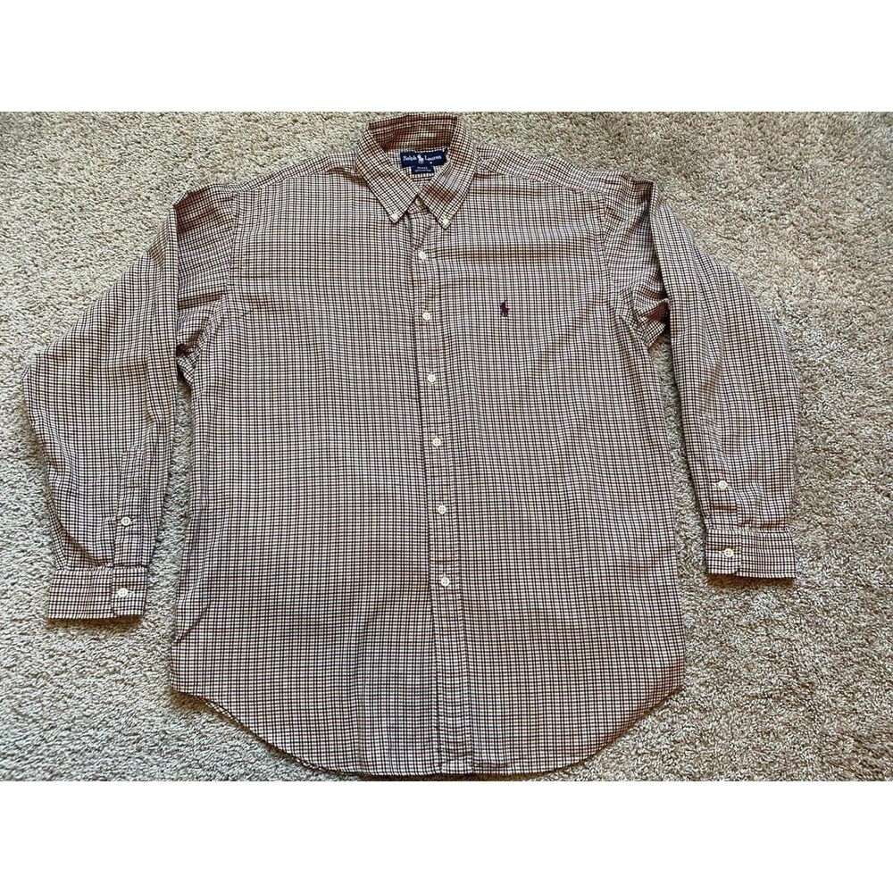 Ralph Lauren Shirt Men Tan Beige Blake Plaid Woven Preppy Black Pony Large SKU12